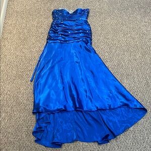 Mori Lee Blue Ruched High-Low Strapless Gown